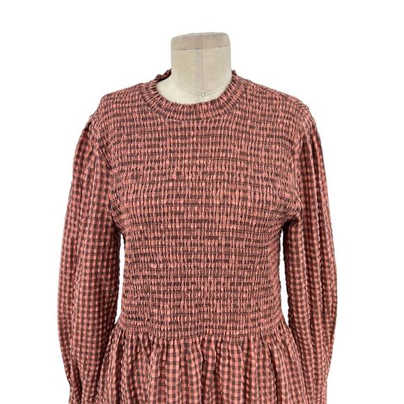 Scotch & Soda Smocked Seersucker Plaid Midi Dress Coral Pink‎ Size XL - Picture 4 of 15